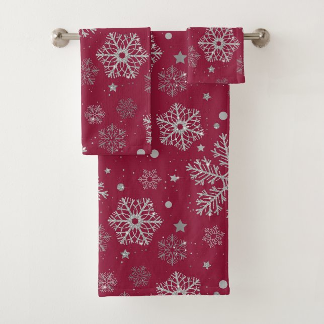 Silver snowflakes on dark red bath towel set (Insitu)