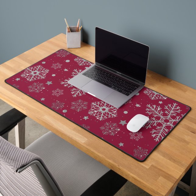 Silver snowflakes on dark red desk mat (Office 2)