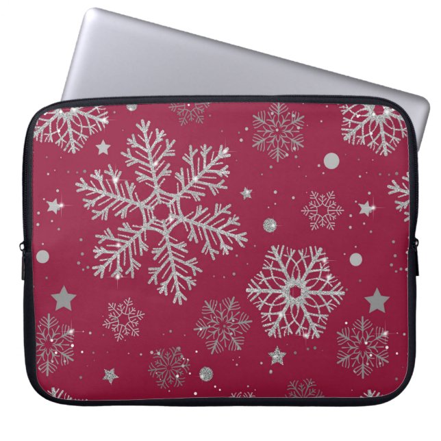 Silver snowflakes on dark red laptop sleeve (Front)