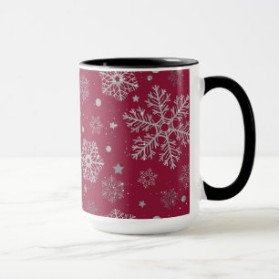 Silver snowflakes on dark red mug