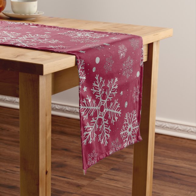 Silver snowflakes on dark red short table runner (In Situ)