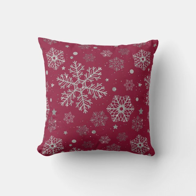 Silver snowflakes on dark red throw pillow (Front)