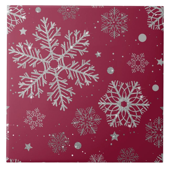 Silver snowflakes on dark red tile (Front)