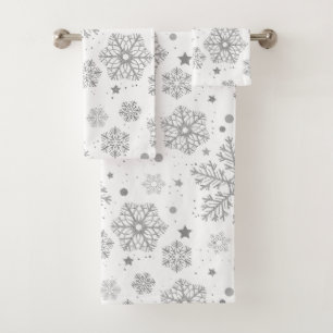 Silver snowflakes on white bath towel set