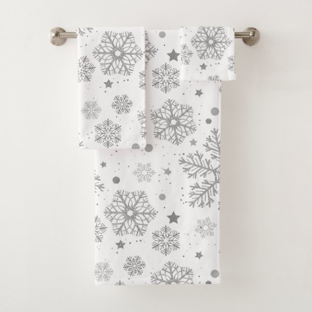 Silver snowflakes on white bath towel set (Insitu)