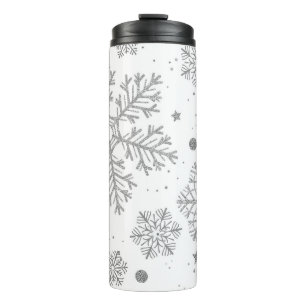 Silver snowflakes on white thermal tumbler