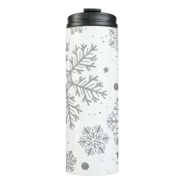 Silver snowflakes on white thermal tumbler (Front)