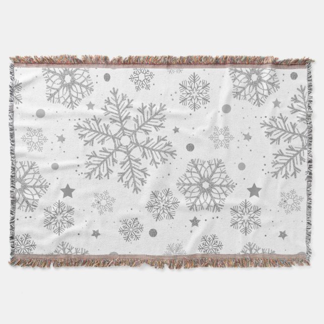 Silver snowflakes on white throw blanket (Front)