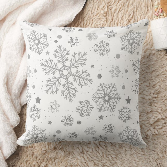 Silver snowflakes on white throw pillow (Blanket)