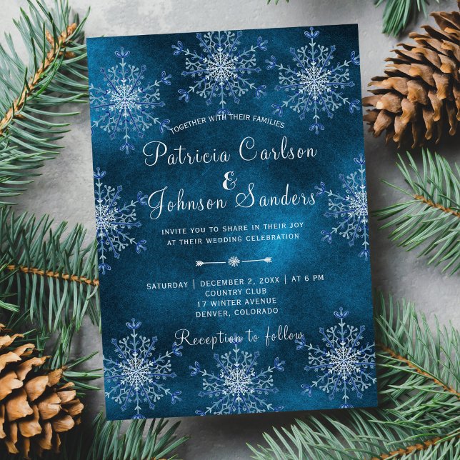 Silver snowflakes rustic navy blue winter wedding invitation (Creator Uploaded)