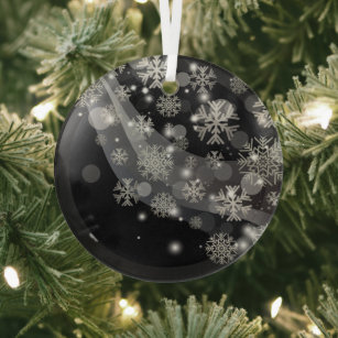 Silver Snowflakes Sparkles And Lights On Black Glass Ornament