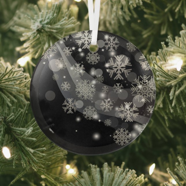 Silver Snowflakes Sparkles And Lights On Black Glass Ornament (Insitu)
