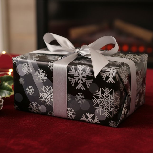 Silver Snowflakes Sparkles And Lights On Black Wrapping Paper Sheet (Creator Uploaded)