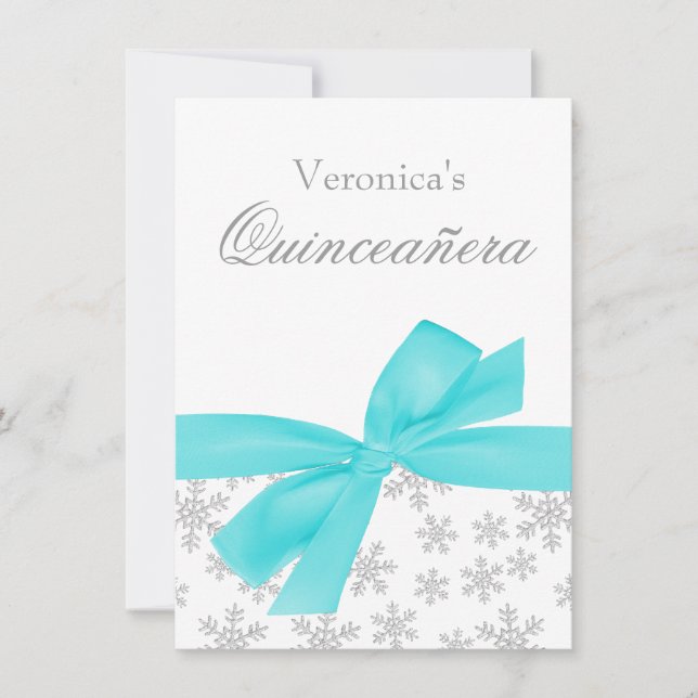 Silver Snowflakes Teal Bow Quinceanera Invitations (Front)