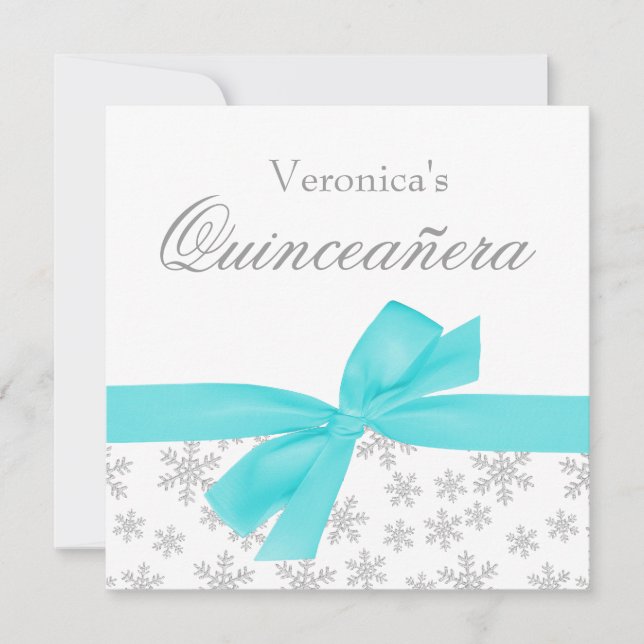 Silver Snowflakes Teal Bow Quinceanera Invitations (Front)