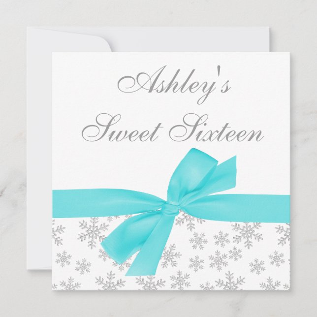 Silver Snowflakes Teal Bow Sweet 16 Invitations (Front)