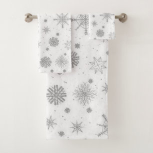 Silver Snowflakes White Design Bath Towel Set