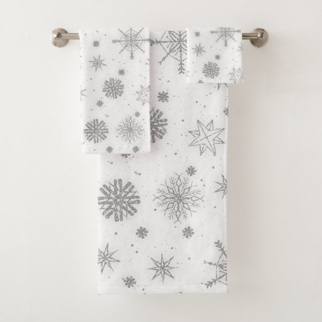 Silver Snowflakes White Design Bath Towel Set (Insitu)