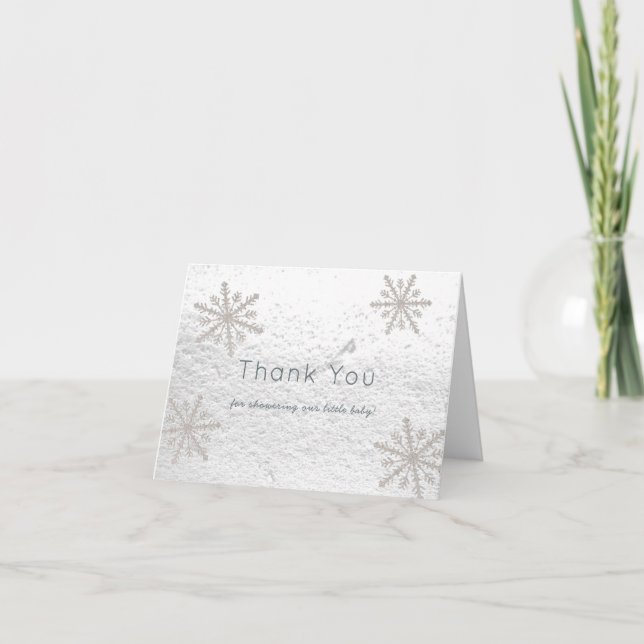 Silver Snowflakes White Snow Baby Shower Thank You Card (Front)