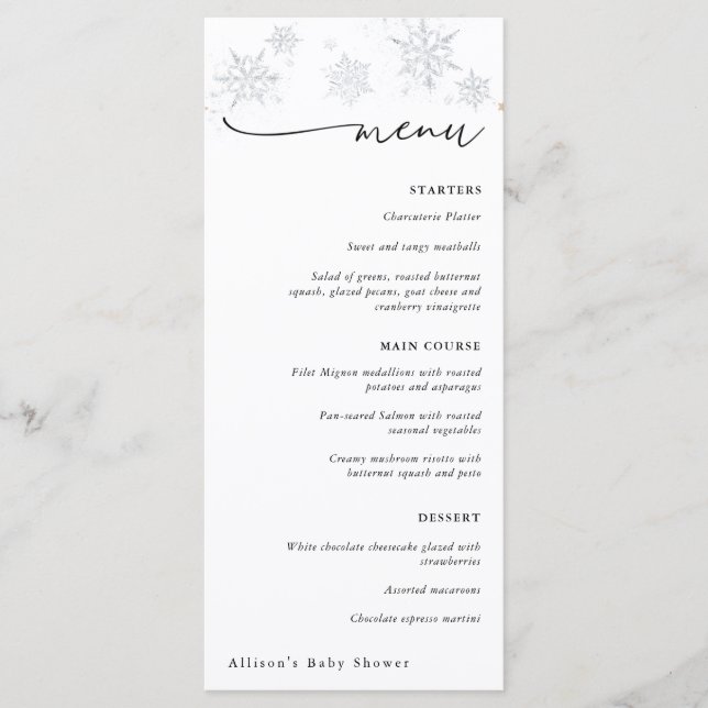 Silver Snowflakes Winter Baby Shower Menu (Front)