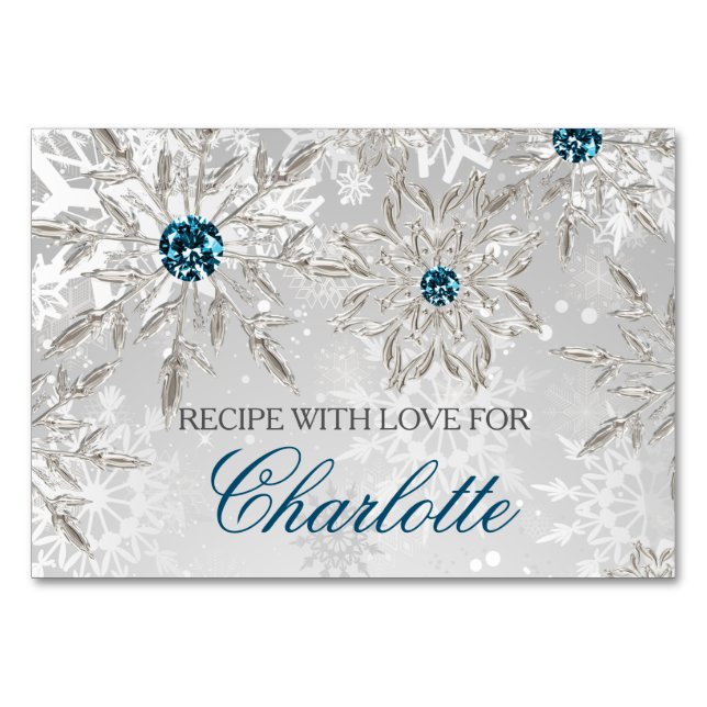 silver snowflakes winter bridal shower recipe card (Front)