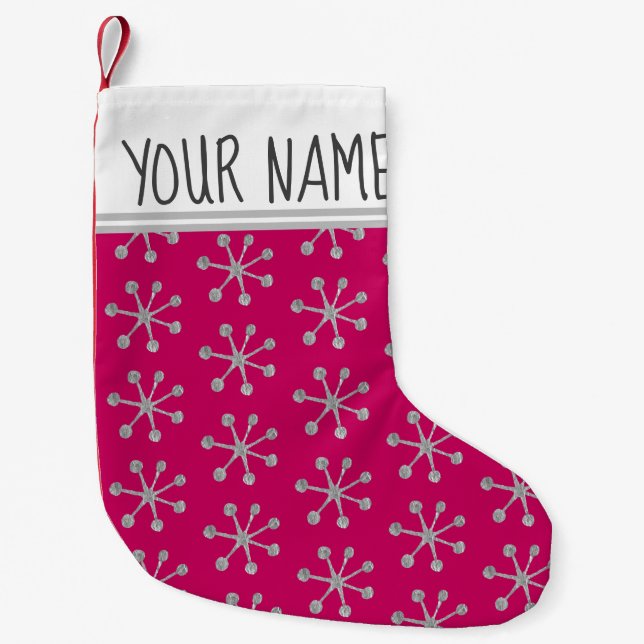 Silver Snowflakes Winter Custom Name Small Christmas Stocking (Front)