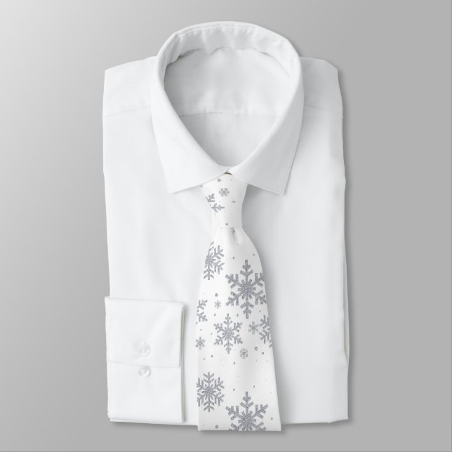 Silver Snowflakes Winter Wedding Neck Tie (Tied)