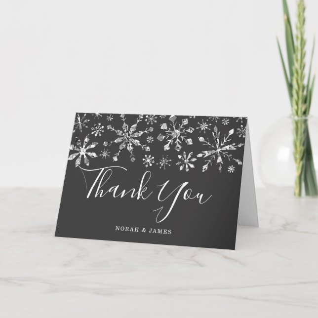 Silver Snowflakes Winter Wedding Thank You Card (Front)