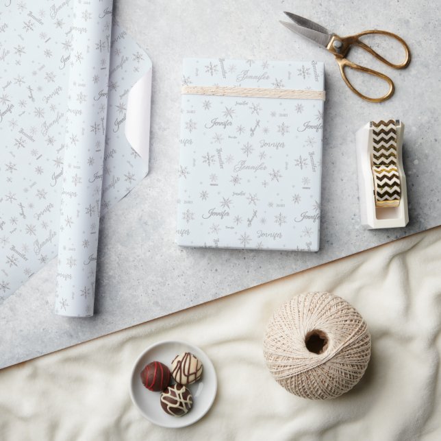 Silver Snowflakes with Custom Name Wrapping Paper (Crafts)