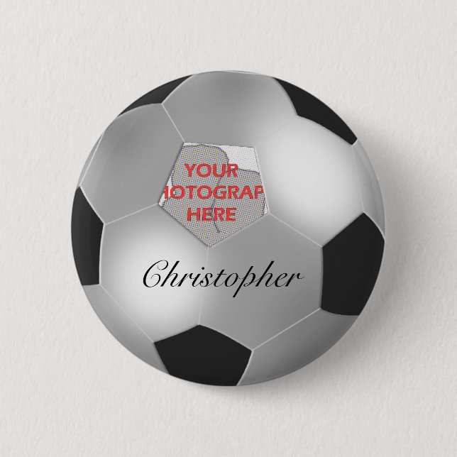 Silver Soccer ball customizable photo frame 2 Inch Round Button (Front)