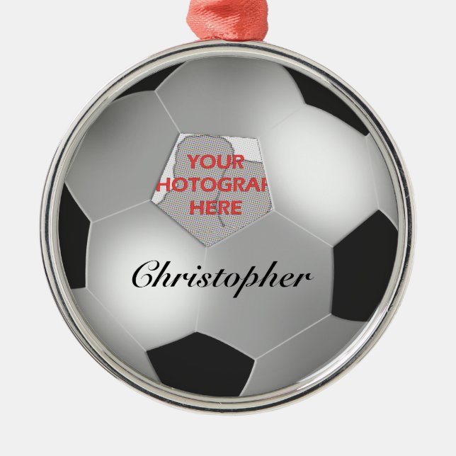 Silver Soccer ball customizable photo frame Metal Ornament (Front)