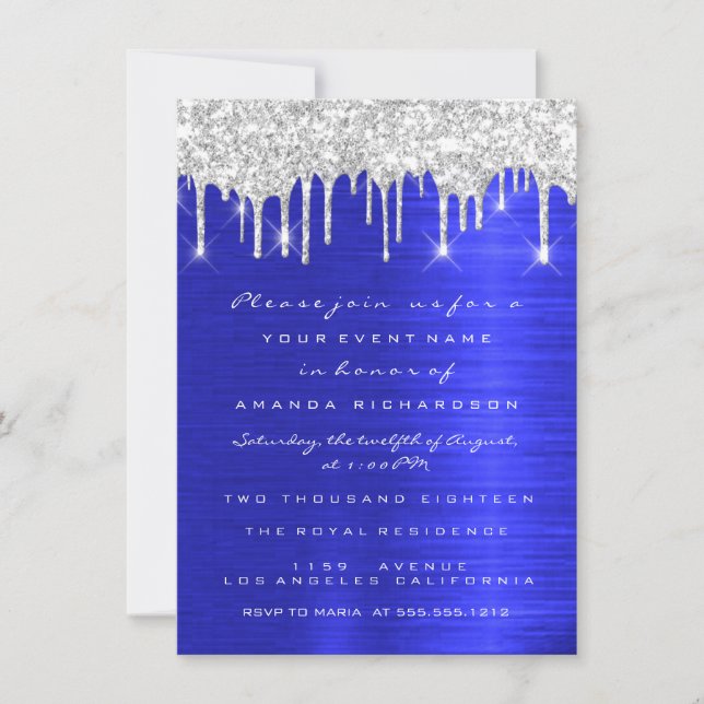 Silver Spark Glitter Drips Royal Blue Bridal 16th Invitation (Front)