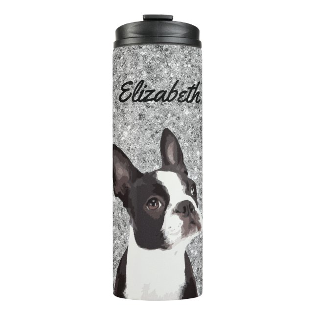 Silver Sparkle Boston Terrier Dog Animal Name Thermal Tumbler (Front)
