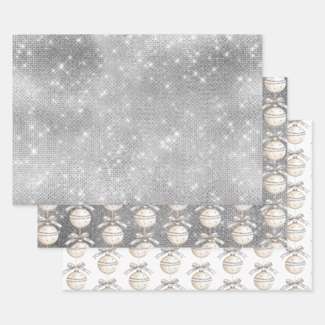 Silver Sparkle Christmas Ornament with Pretty Bow Wrapping Paper Sheet (Set)