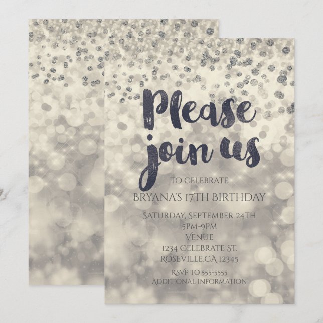 Silver Sparkle Confetti Party Any Event Invitation (Front/Back)