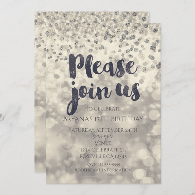 Silver Sparkle Confetti Party Toute invitation Évé (Devant / Derrière)