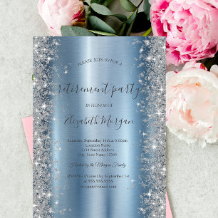 Silver Sparkle Diamonds Blue Retirement Party Invitation