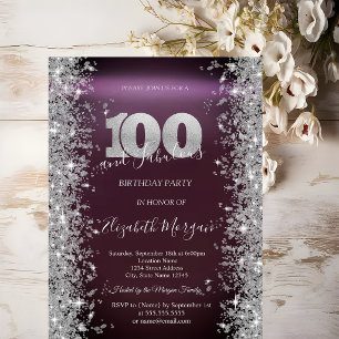 Silver Sparkle Diamonds Burgundy 100th Birthday   Invitation