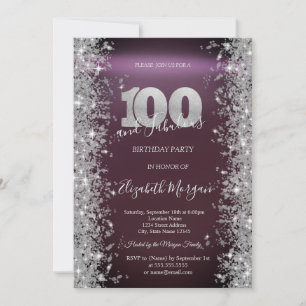 Silver Sparkle Diamonds Burgundy 100th Birthday   Invitation