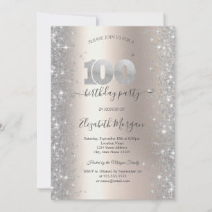 Silver Sparkle Diamonds Ivory 100th Birthday Party Invitation