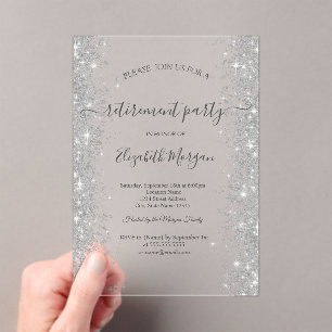 Silver Sparkle Diamonds Ivory Retirement Party Acrylic Invitations