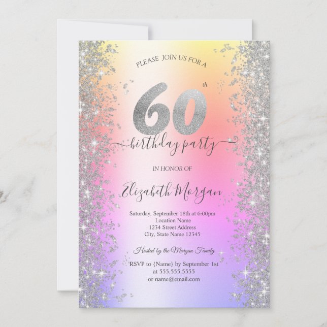 Silver Sparkle Diamonds Ombre 60th Birthday Party Invitation (Front)