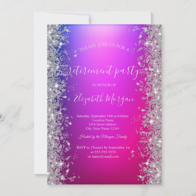 Silver Sparkle Diamonds Shiny Violet Retirement  Invitation (Front)
