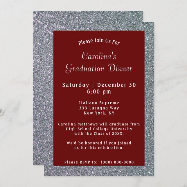 Silver Sparkle Dinner Maroon Graduation Invitation (Front/Back)