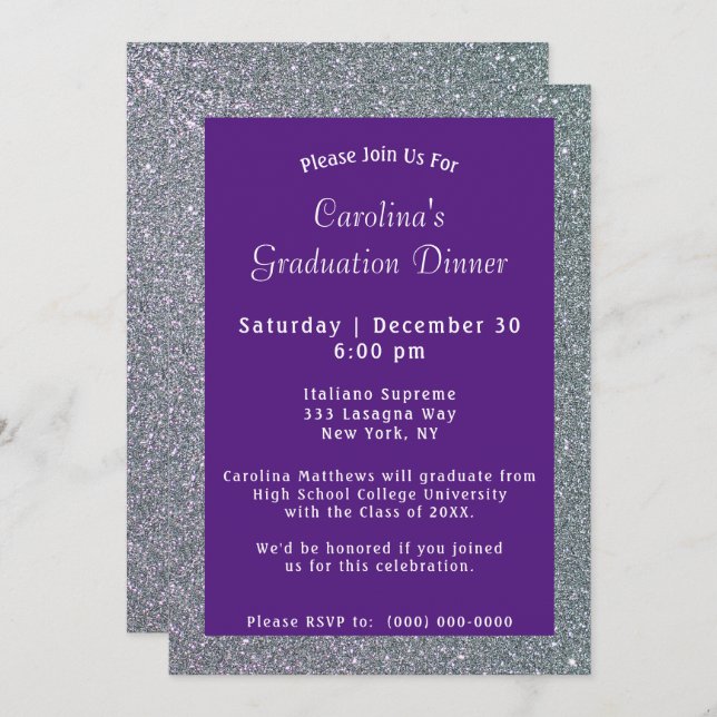 Silver Sparkle Dinner Purple Graduation Invitation (Front/Back)