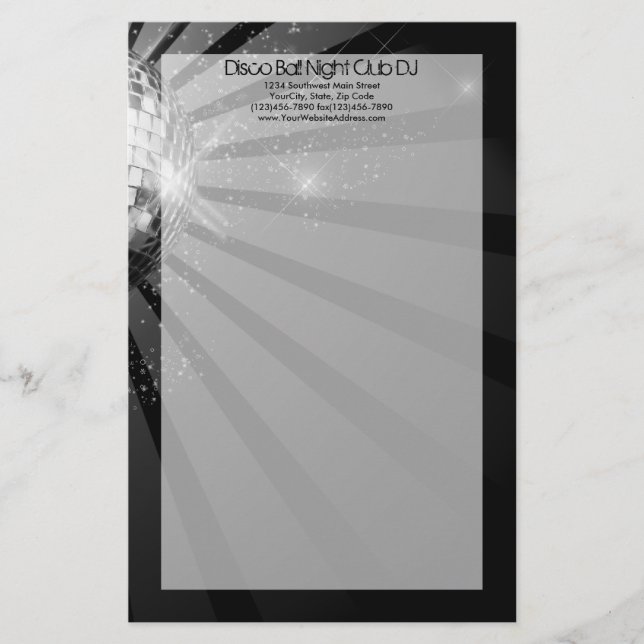 Silver Sparkle Disco Ball Party Stationery (Front)