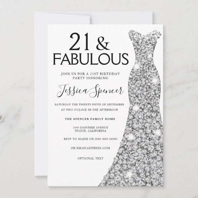 Silver Sparkle Dress 21 & Fabulous 21st Birthday Invitation (Front)