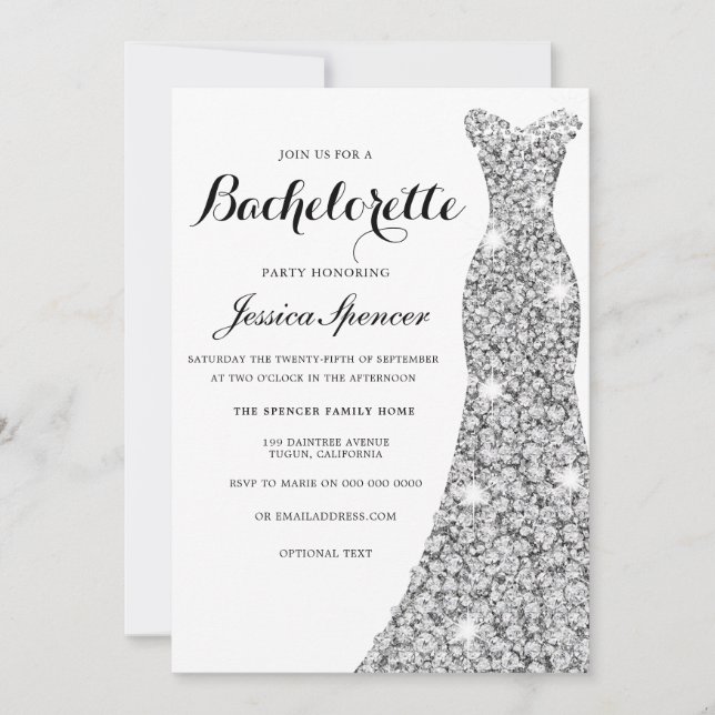 Silver Sparkle Dress Bachelorette Party Invite (Front)