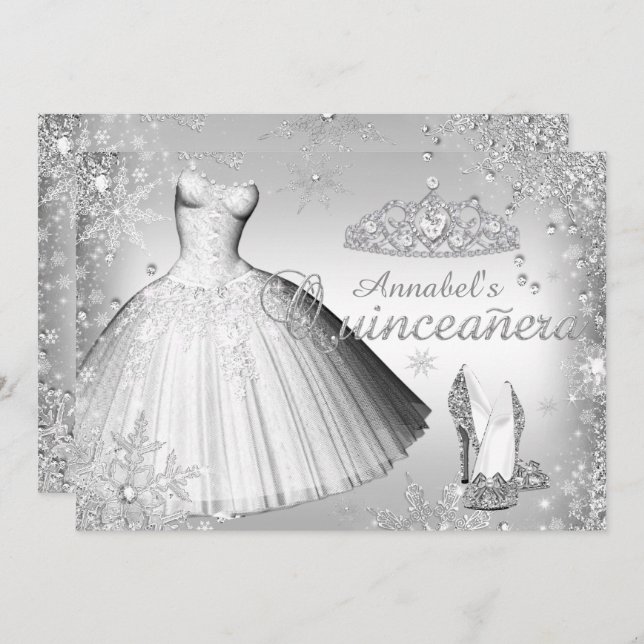 Silver Sparkle Dress & Tiara Quinceanera Invite (Front/Back)