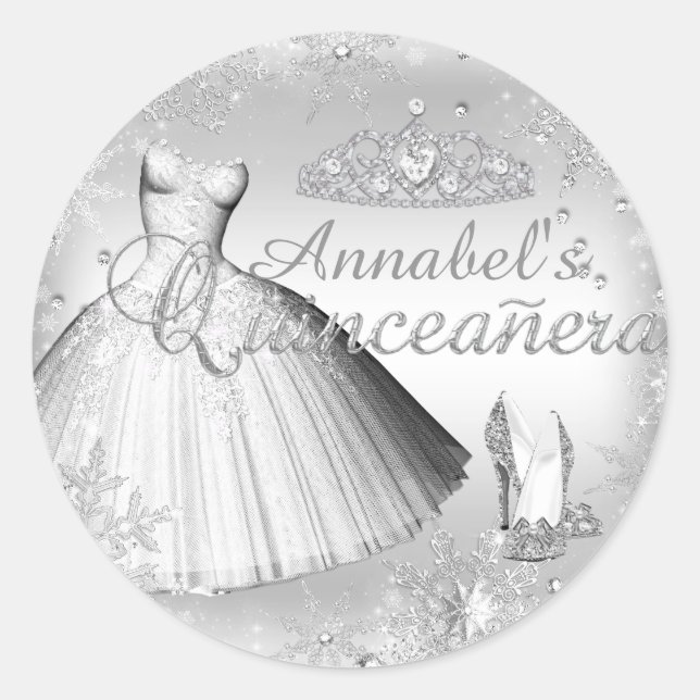 Silver Sparkle Dress & Tiara Quinceanera Sticker (Front)